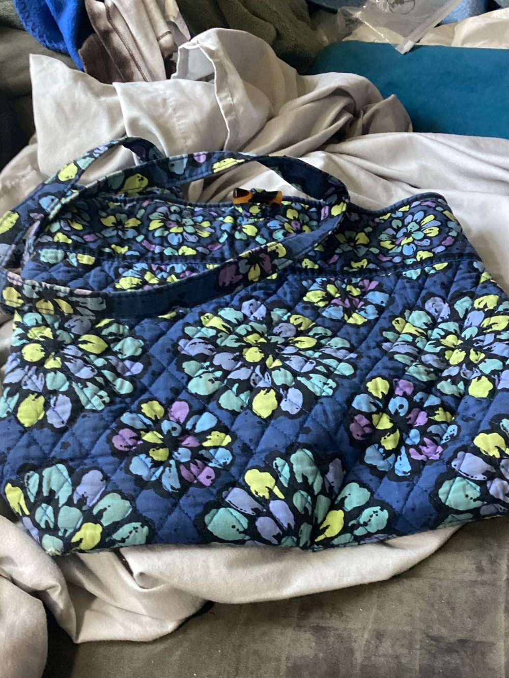 Vera Bradley Navy Quilted Floral Tote with Multicolor Blooms